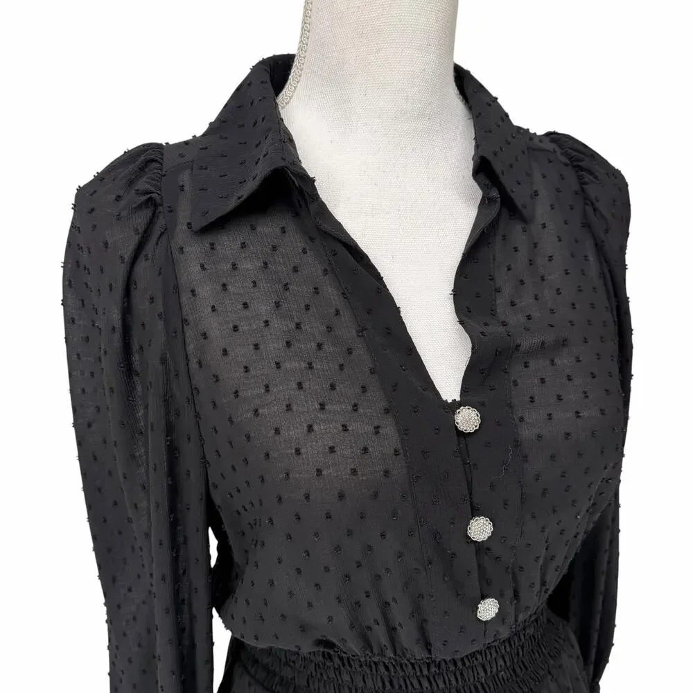 Zara Black Chiffon Swiss Dot Smocked Detail Mini Dress Small - Picture 4 of 9